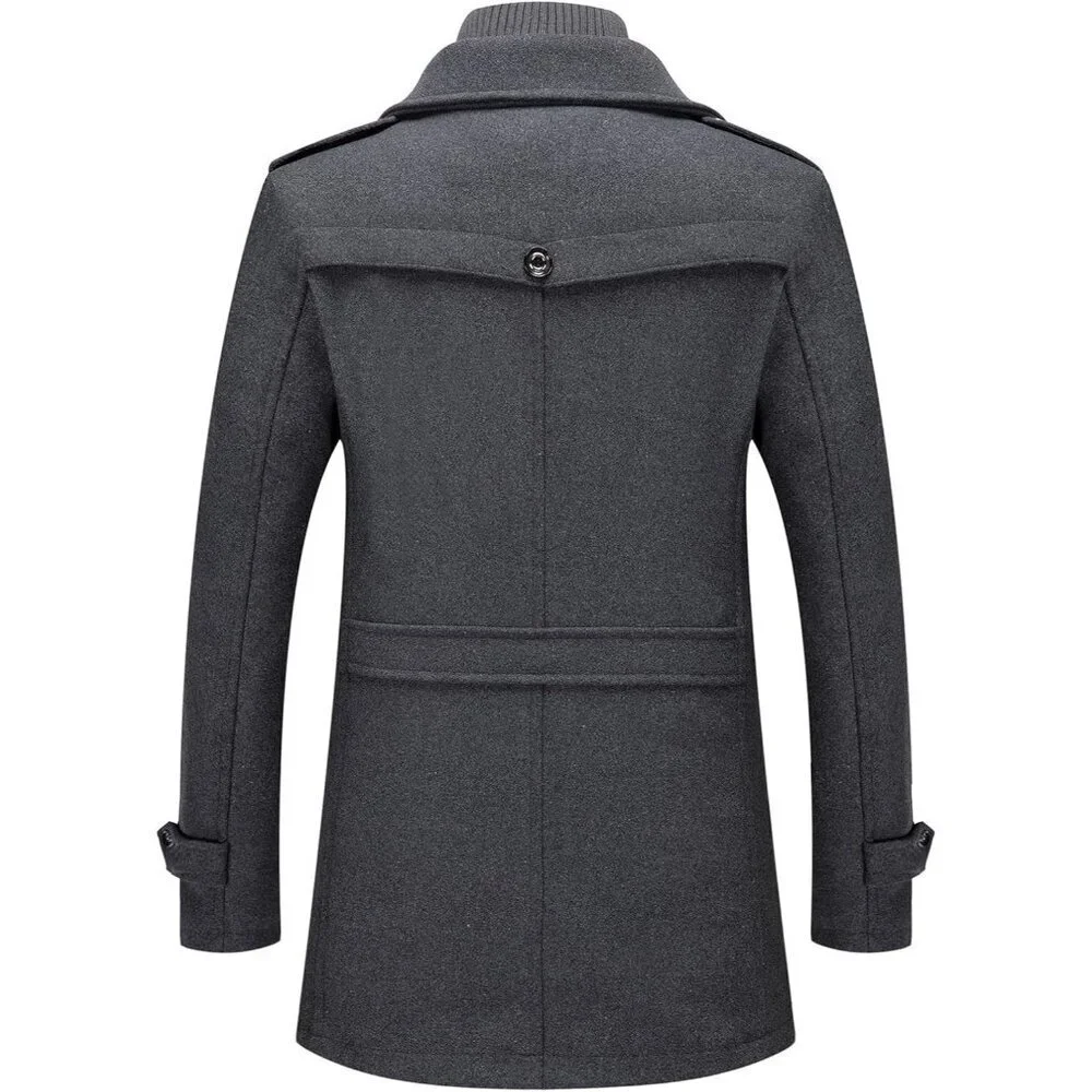 Men's Grey 2 Wool Blend Coat Warm Winter Trench Coat With Detachable Soft Scarf